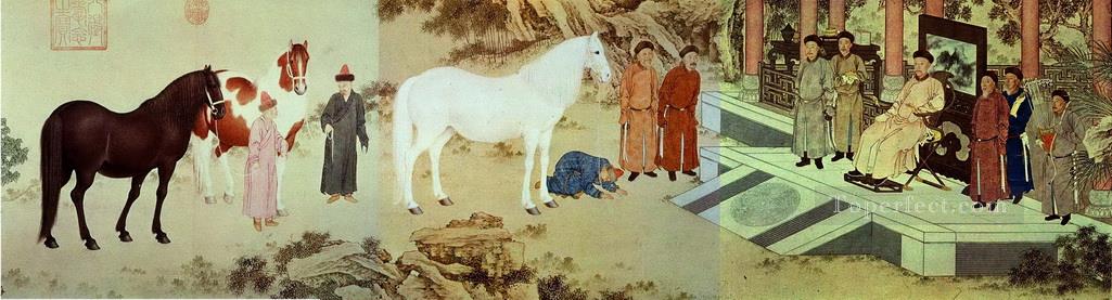 Lang brillante homenaje a los caballos chinos antiguos. Pintura al óleo